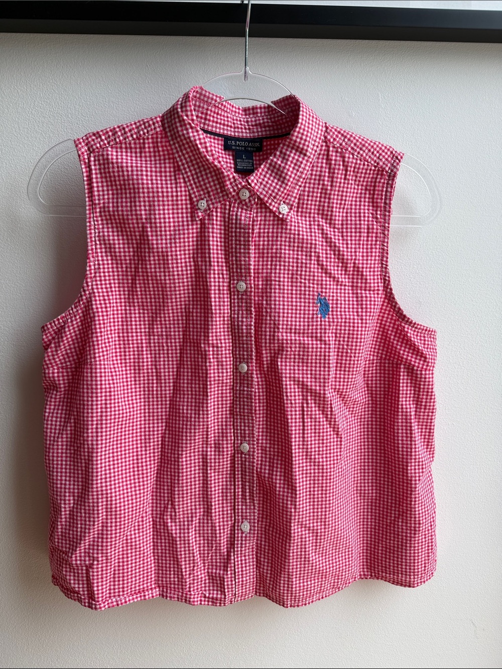 Polo Red and White Sleeveless Gingham Button-Down Top